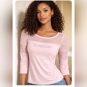 NWT Bebe Pink Mesh Panel Rhinestone Logo Top Medium Chic